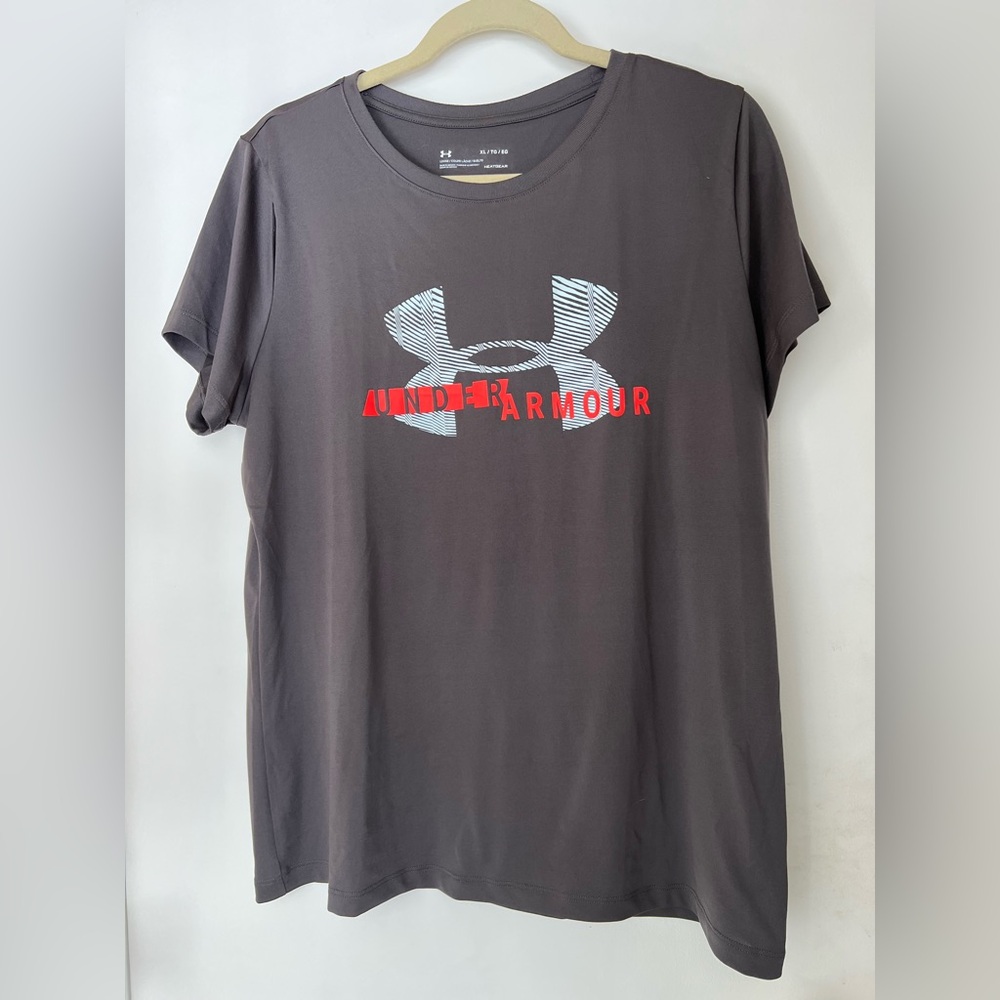 Under Armour Women's Dark Gray T-Shirt with Red Logo